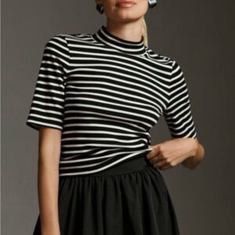 Maeve x Anthropologie Striped Mock Neck Tee Size XXS Black White Short Sleeve - Picture 1 of 6